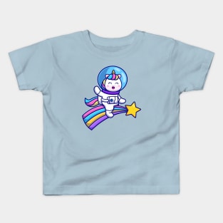 Cute Unicorn Astronaut Riding Rainbow Cartoon Kids T-Shirt